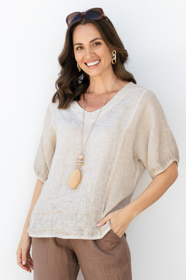 Ziola Beige Linen Cotton Top,Front,Brunette model