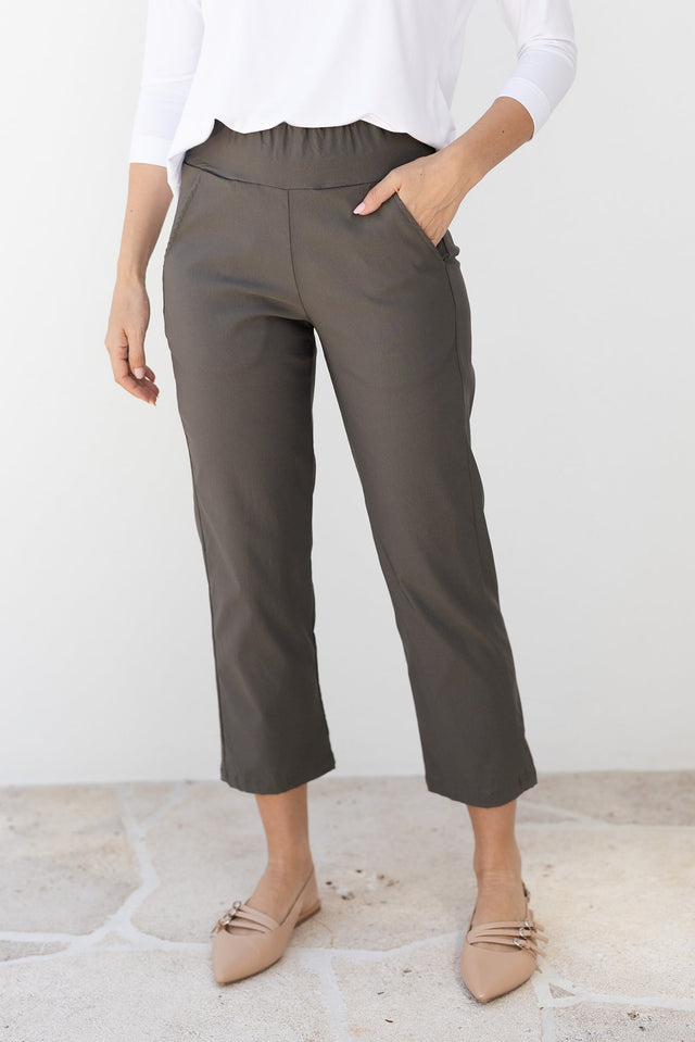 SmartFlex Olive Straight Leg Pants,Front,Brunette model