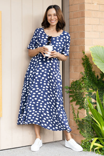 Zaelia Navy Spot Crescent Dress