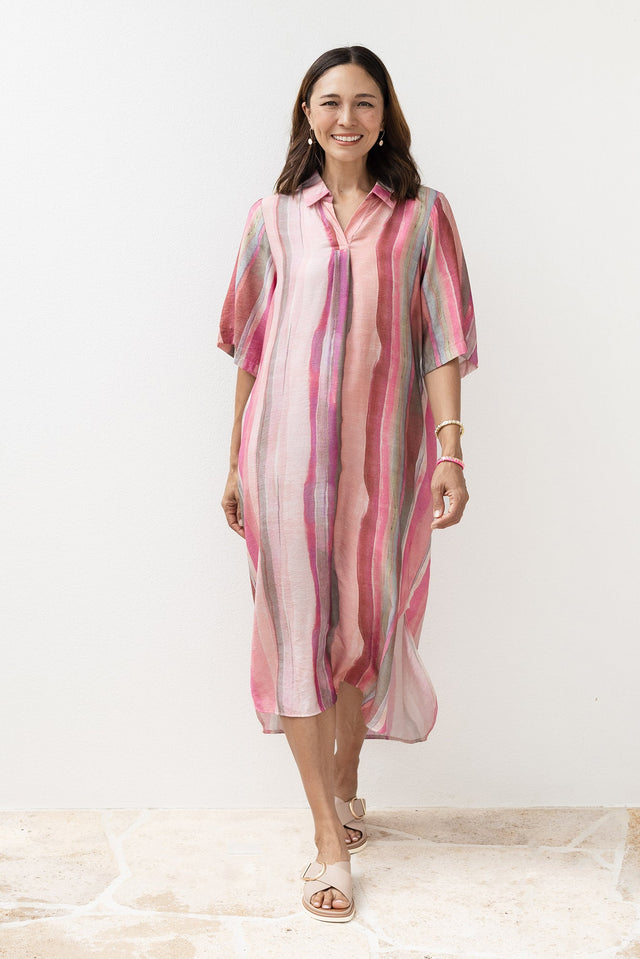Ruby Pink Stripe Collared Dress,Lifestyle image 1