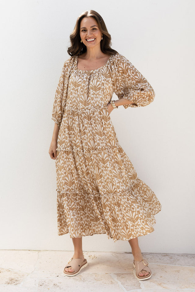 Grenadine Taupe Motif Cotton Dress,Front,Brunette model