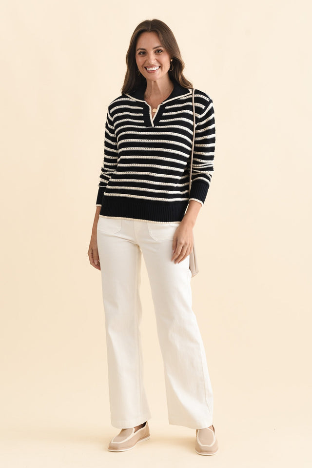Aberdeen Navy Stripe Cotton Knit Jumper,Brunette model,alt text|model:MJ image 4