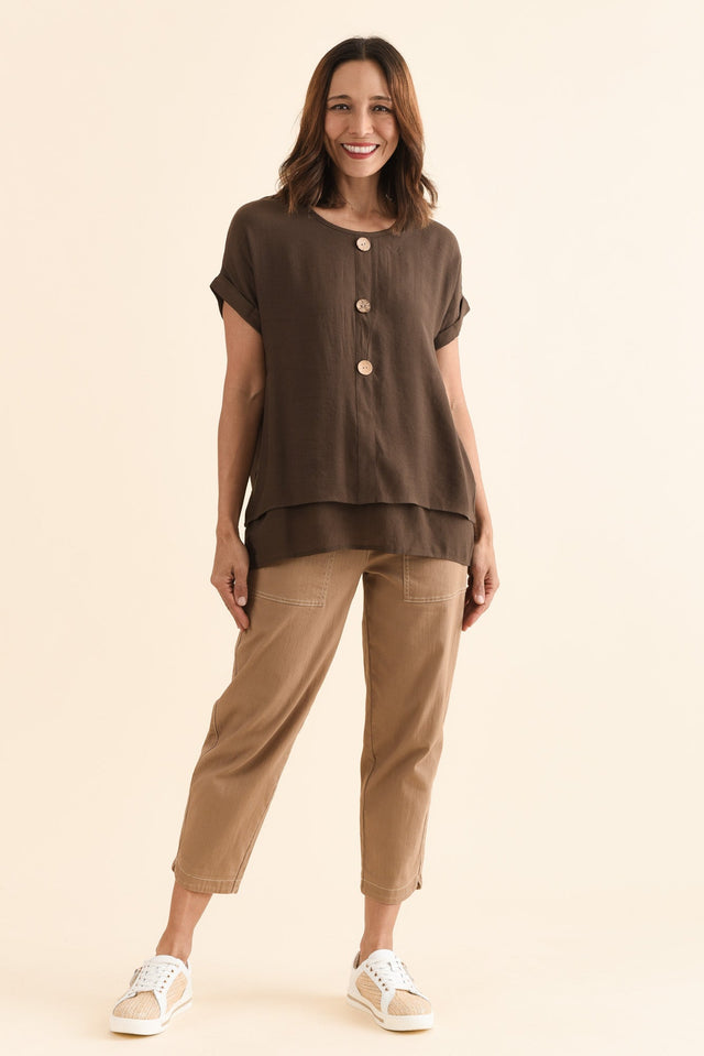 Abilene Chocolate Button Top,Full Body,Brunette model,alt text|model:Cara
