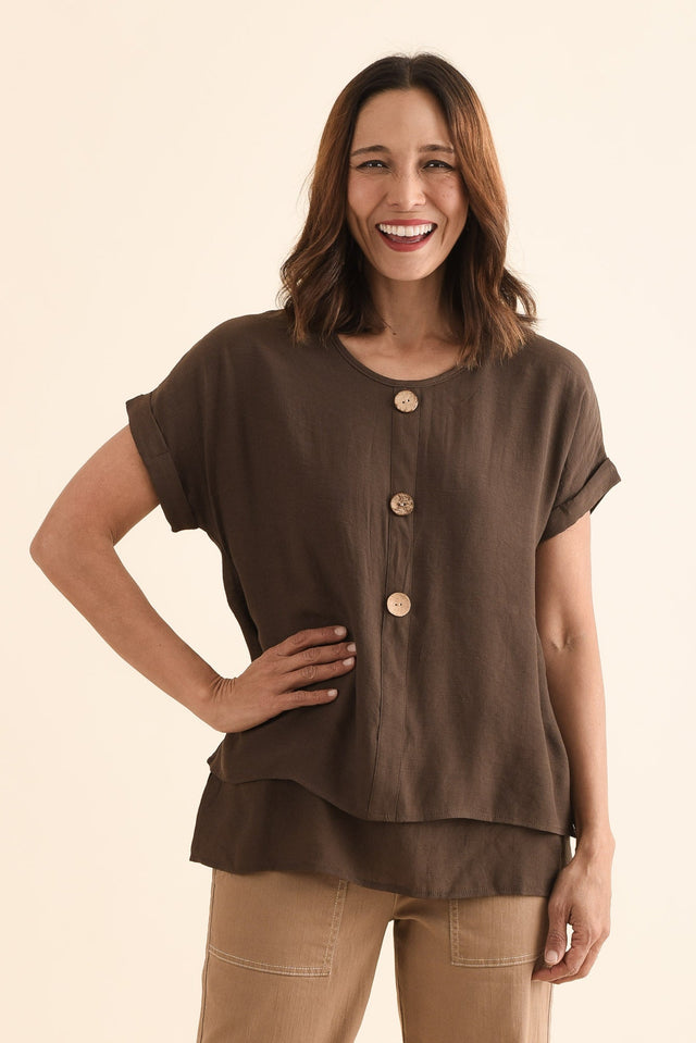 Abilene Chocolate Button Top,Front,Brunette model,alt text|model:Cara