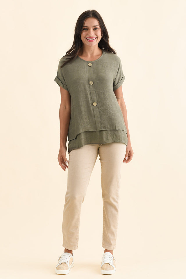 Abilene Khaki Button Top,Brunette model,alt text|model:Brontie image 8