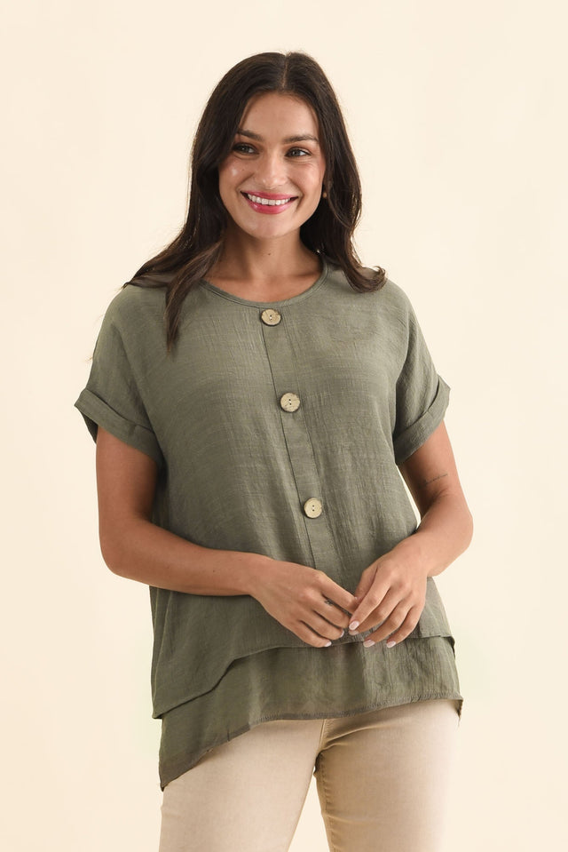Abilene Khaki Button Top,Brunette model,alt text|model:Brontie