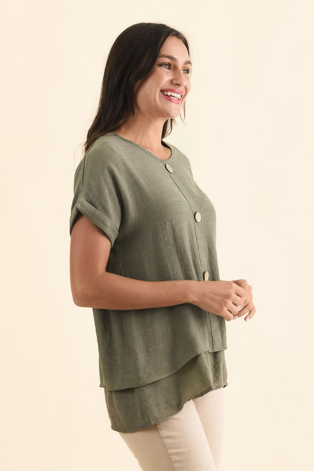 Abilene Khaki Button Top,Brunette model,alt text|model:Brontie image 5