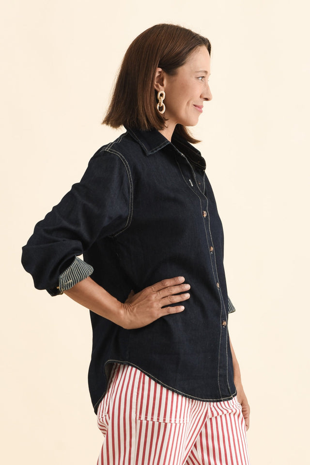 Abriella Dark Blue Denim Shirt,Brunette model,alt text|model:Cara image 4