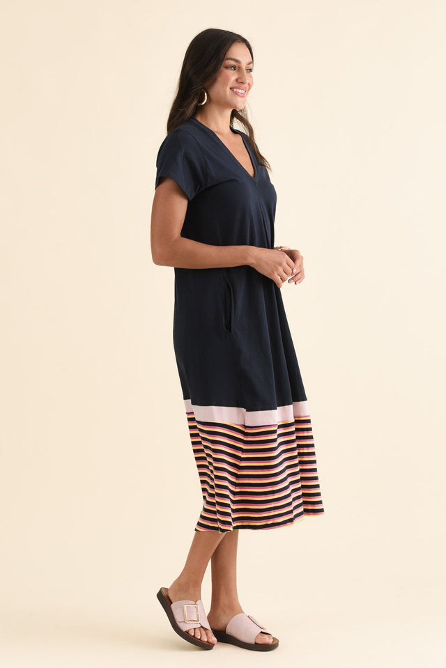 Acai Navy Split Cotton T-Shirt Dress,Full Body,Brunette model,alt text|model:Brontie