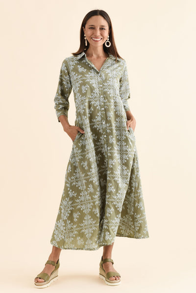 Acala Khaki Cotton Embroidered Dress