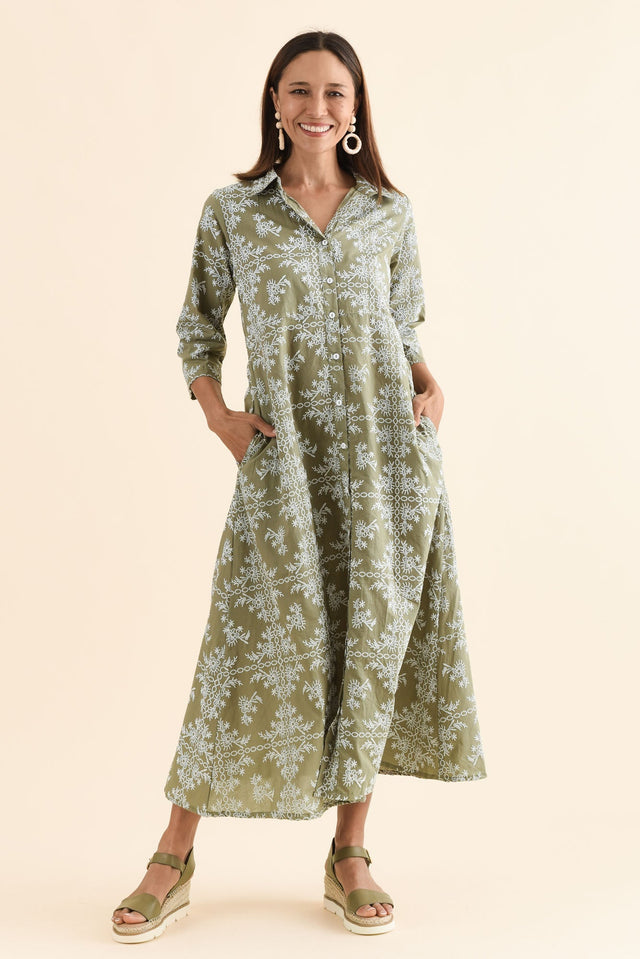 Acala Khaki Cotton Embroidered Dress,Front,Brunette model,alt text|model:Cara