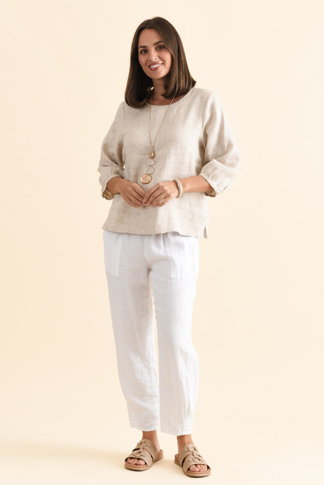 Addie Beige Linen Sleeved Top,Brunette model,alt text|model:MJ image 8