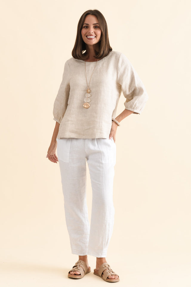 Addie Beige Linen Sleeved Top,Brunette model,alt text|model:MJ image 4
