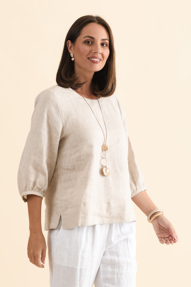 Addie Beige Linen Sleeved Top,Brunette model,alt text|model:MJ image 5