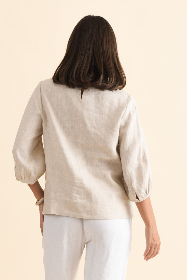 Addie Beige Linen Sleeved Top,Brunette model,alt text|model:MJ image 6