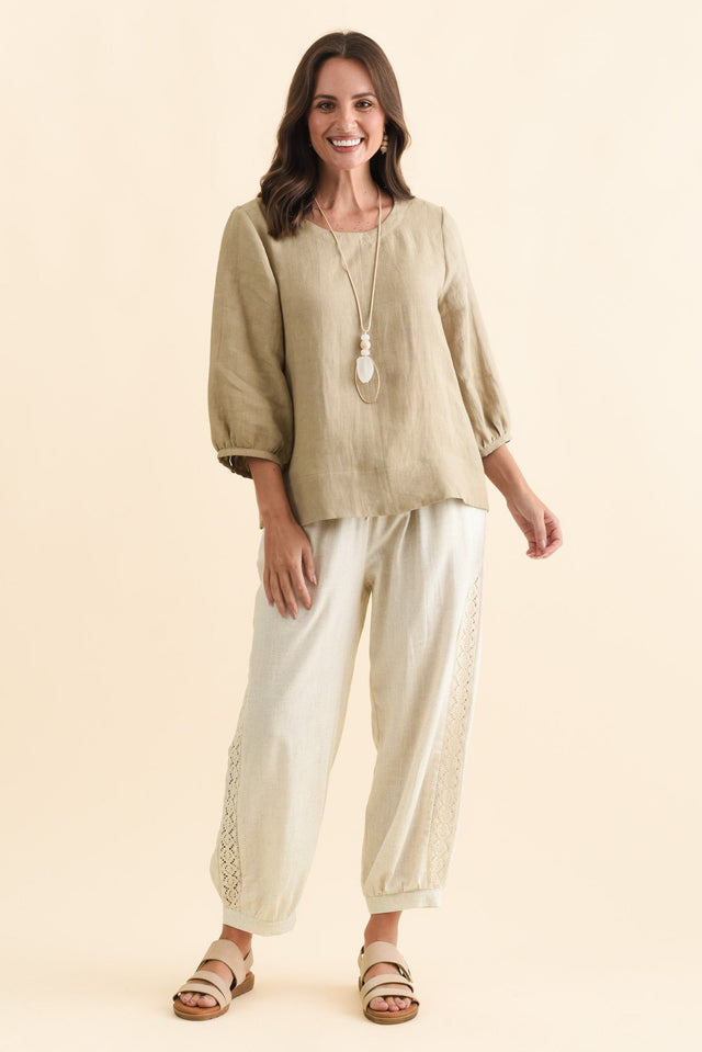 Addie Taupe Linen Sleeved Top,Brunette model,alt text|model:MJ image 3