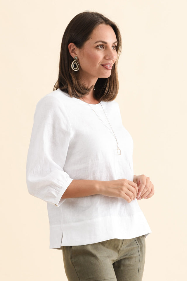 Addie White Linen Sleeved Top,Brunette model,alt text|model:MJ image 5
