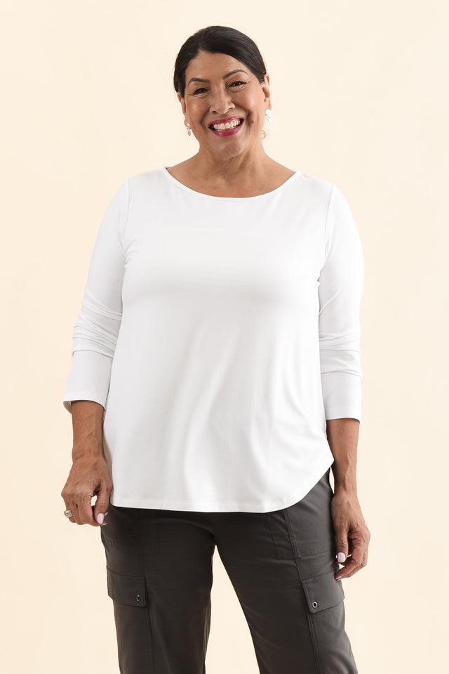 Adele White Long Sleeve Bamboo Tee,Front,Brunette model,alt text|model:Pilita image 8