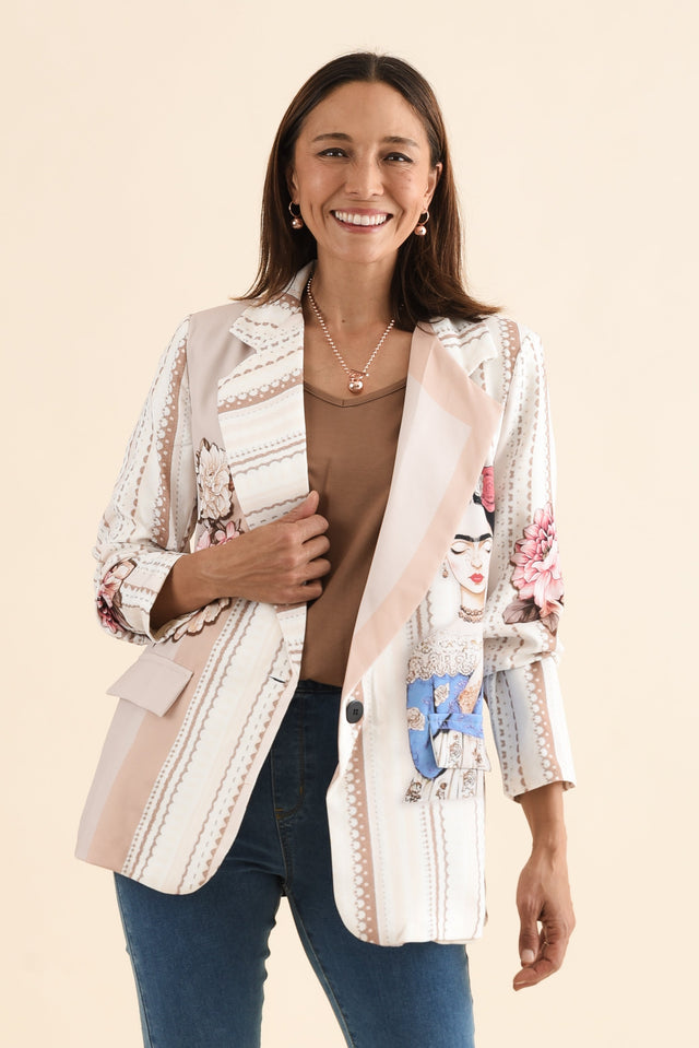 Aeris Mocha Artisan Collared Blazer,Front,Brunette model,alt text|model:Cara image 1