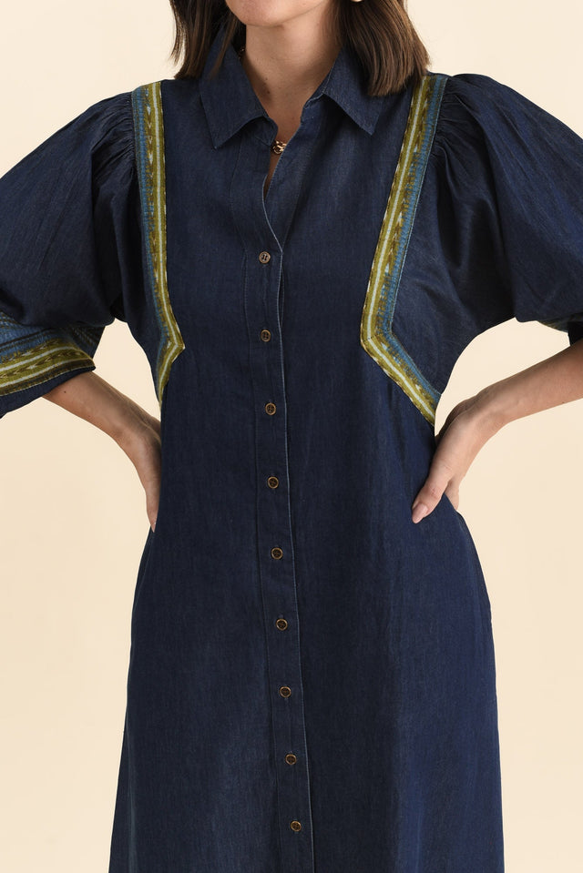 Aerome Blue Denim Puff Sleeve Dress,Brunette model,alt text|model:MJ image 6