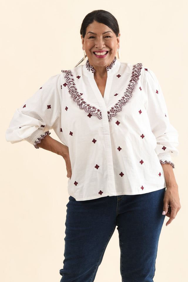 Agnes White Spot Embroidered Shirt,Front,Brunette model,alt text|model:Pilita image 8