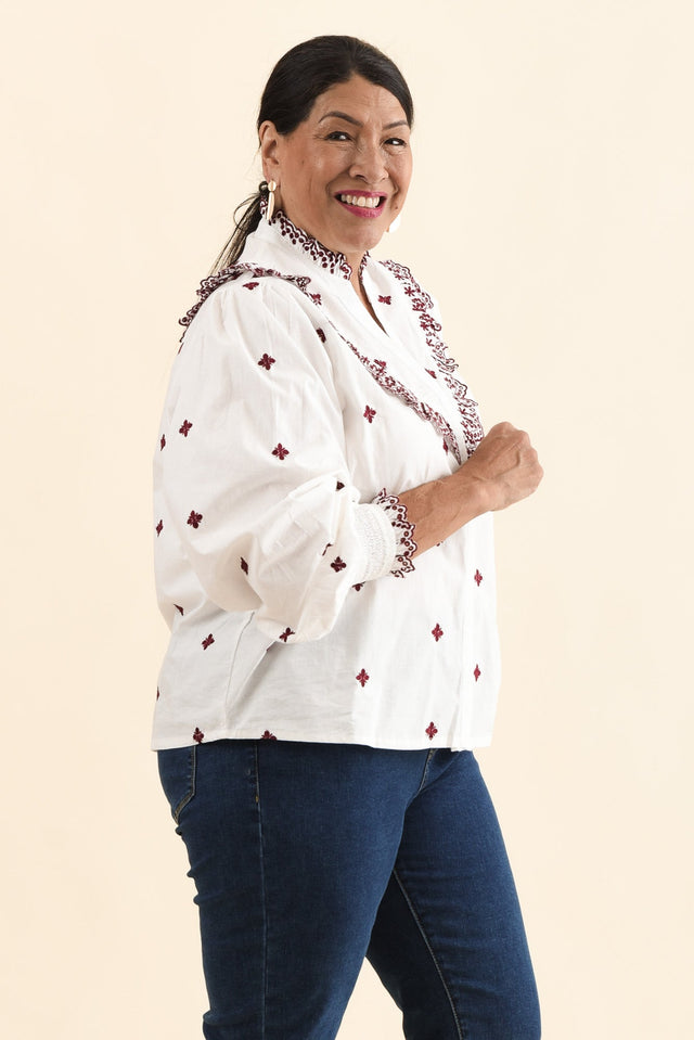 Agnes White Spot Embroidered Shirt,Side,Brunette model,alt text|model:Pilita image 10
