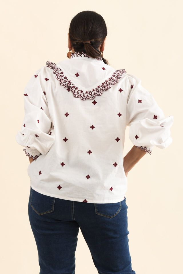 Agnes White Spot Embroidered Shirt,Back,Brunette model,alt text|model:Pilita image 11