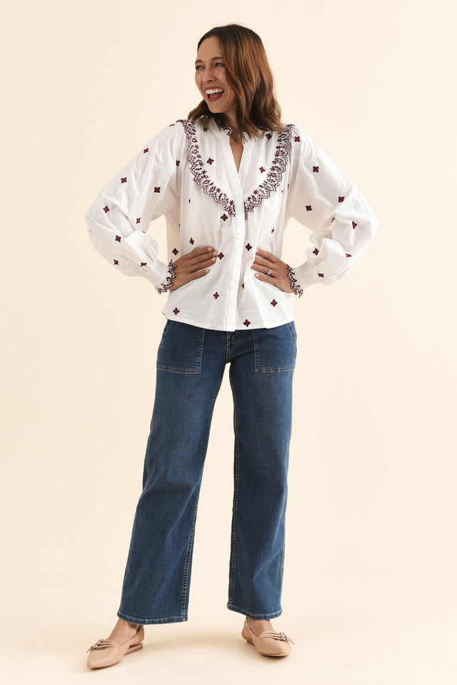 Agnes White Spot Embroidered Shirt,Full Body,Brunette model,alt text|model:Cara image 7