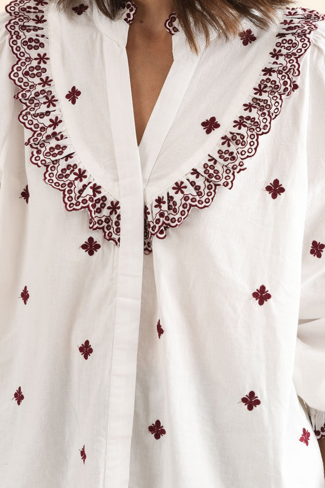 Agnes White Spot Embroidered Shirt,Detail,Brunette model,alt text|model:Cara image 6
