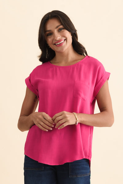 Aiden Hot Pink Linen Blend Pocket Top