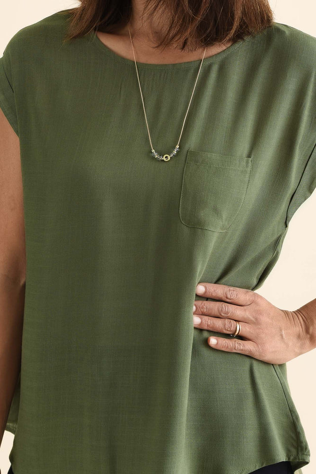 Aiden Khaki Linen Blend Pocket Top,brunette model,Close up of outfit,alt text|model:Cara image 5