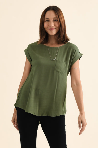 Aiden Khaki Linen Blend Pocket Top