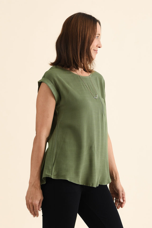 Aiden Khaki Linen Blend Pocket Top,brunette model,Side of Outfit,alt text|model:Cara image 3