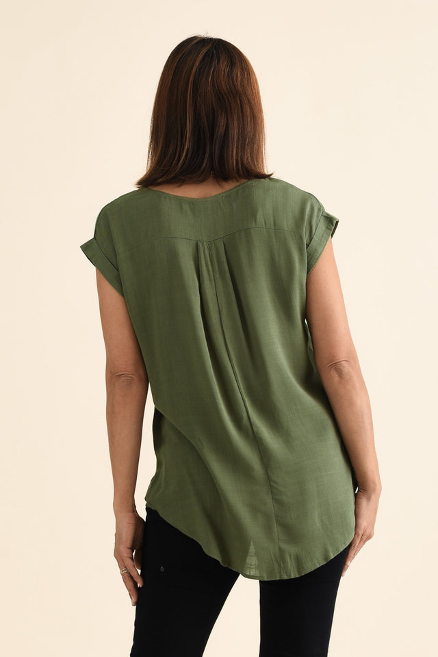 Aiden Khaki Linen Blend Pocket Top,brunette model,Back of Outfit,alt text|model:Cara image 4