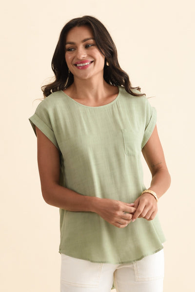 Aiden Sage Linen Blend Pocket Top