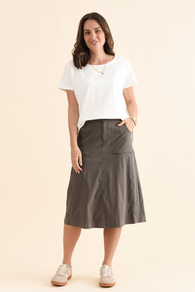 Air-Lite Olive Stretch Cargo Skirt,Full Body,Brunette model,alt text|model:MJ image 2