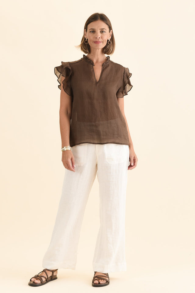 Alannah Chocolate Cotton Button Top,Full Body,Brunette model,alt text|model:Laura image 6