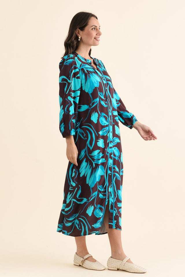 Albury Blue Floral Tie Dress,brunette model,Side of Outfit,alt text|model:MJ image 3