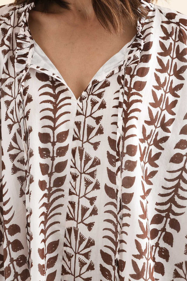 Alegria Chocolate Fern Cotton Top,Detail,Brunette model,alt text|model:Cara image 5