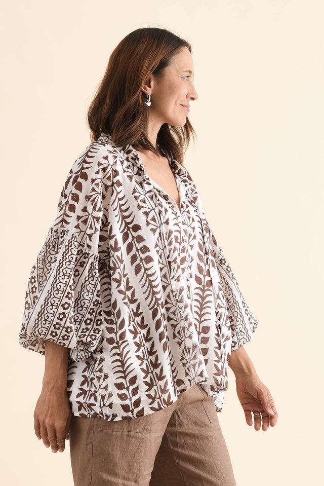 Alegria Chocolate Fern Cotton Top,Side,Brunette model,alt text|model:Cara image 3
