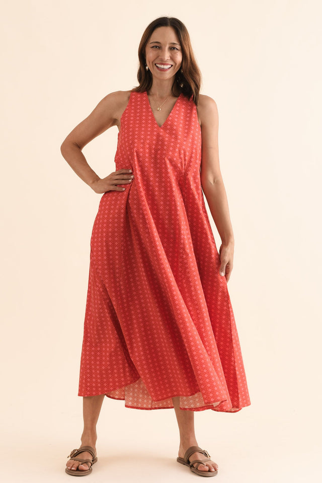 Aleta Orange Check Cotton Sleeveless Dress,Front,Brunette model,alt text|model:Cara image 1