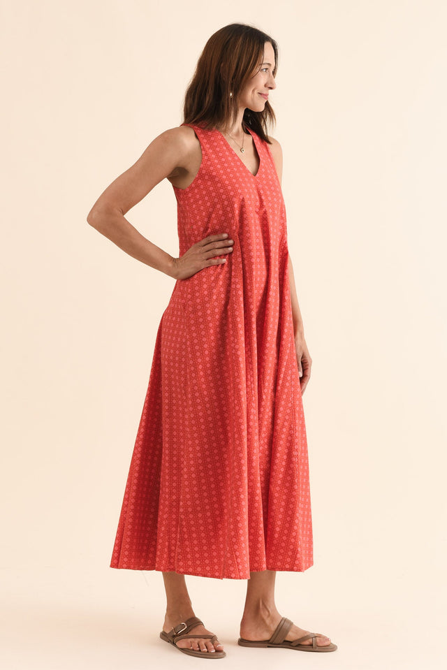 Aleta Orange Check Cotton Sleeveless Dress,Side,Brunette model,alt text|model:Cara image 3