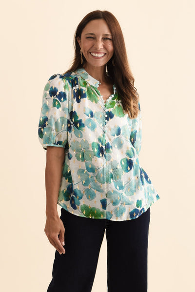 Alexandra Green Flower Button Top