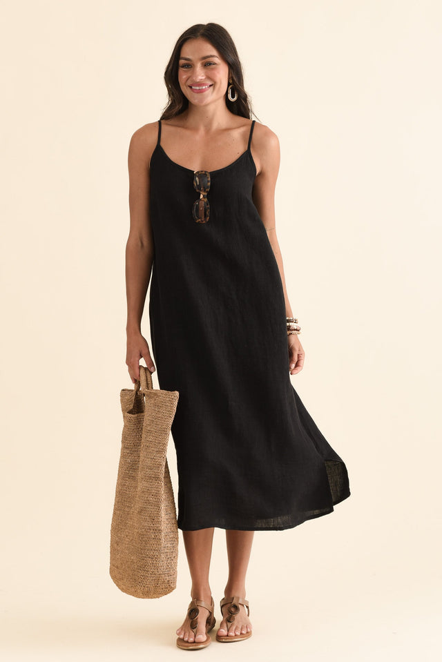 Alexia Black Linen Slip Dress,Front,Brunette model,alt text|model:Brontie
