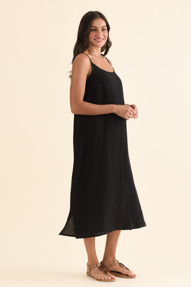 Alexia Black Linen Slip Dress,Side,Brunette model,alt text|model:Brontie image 3