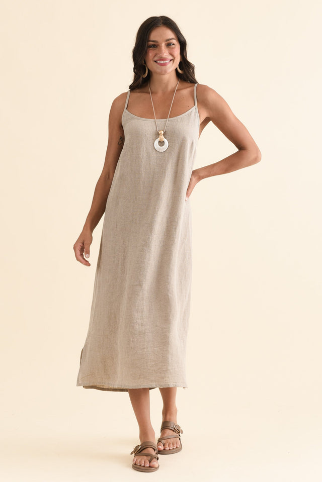 Alexia Natural Linen Slip Dress,Full Body,Brunette model,alt text|model:Brontie
