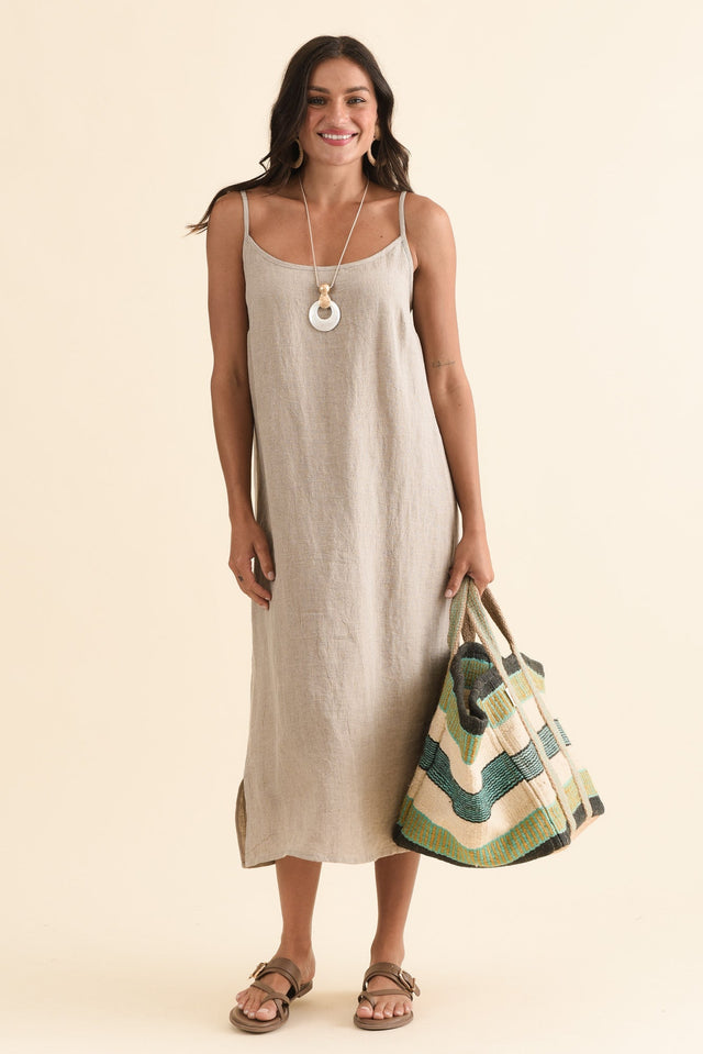 Alexia Natural Linen Slip Dress,Front,Brunette model,alt text|model:Brontie
