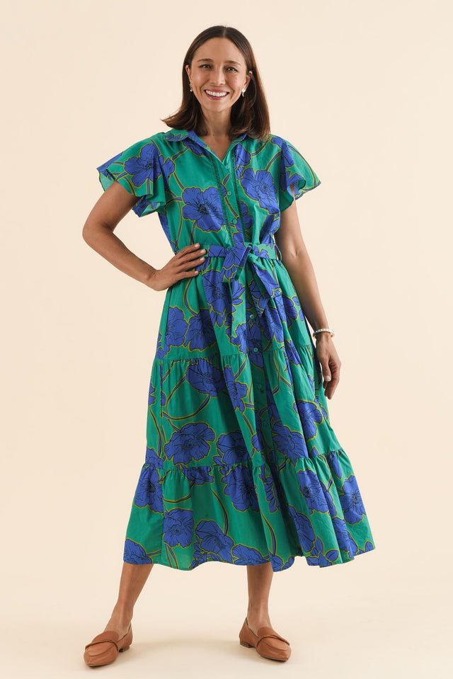 Alice Cobalt Floral Cotton Tiered Dress,Full Body,Brunette model,alt text|model:Cara