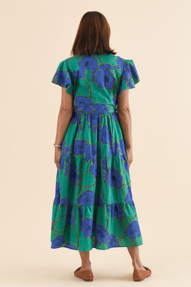 Alice Cobalt Floral Cotton Tiered Dress,Back,Brunette model,alt text|model:Cara image 4