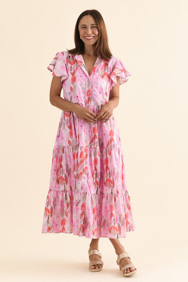Alice Pink Floral Cotton Tiered Dress,Full Body,Brunette model,alt text|model:Cara image 6